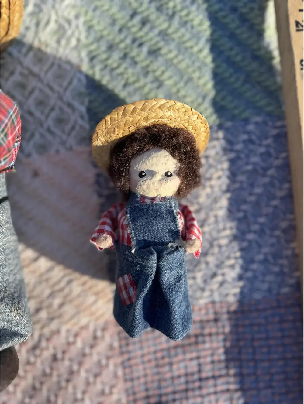 Vintage Set of Four Handmade Farmer Dolls with Straw Hats and Denim Overalls